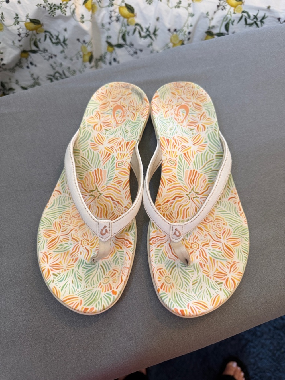 OluKai Women's Floral Flip Flops in Cream, Orange, Green